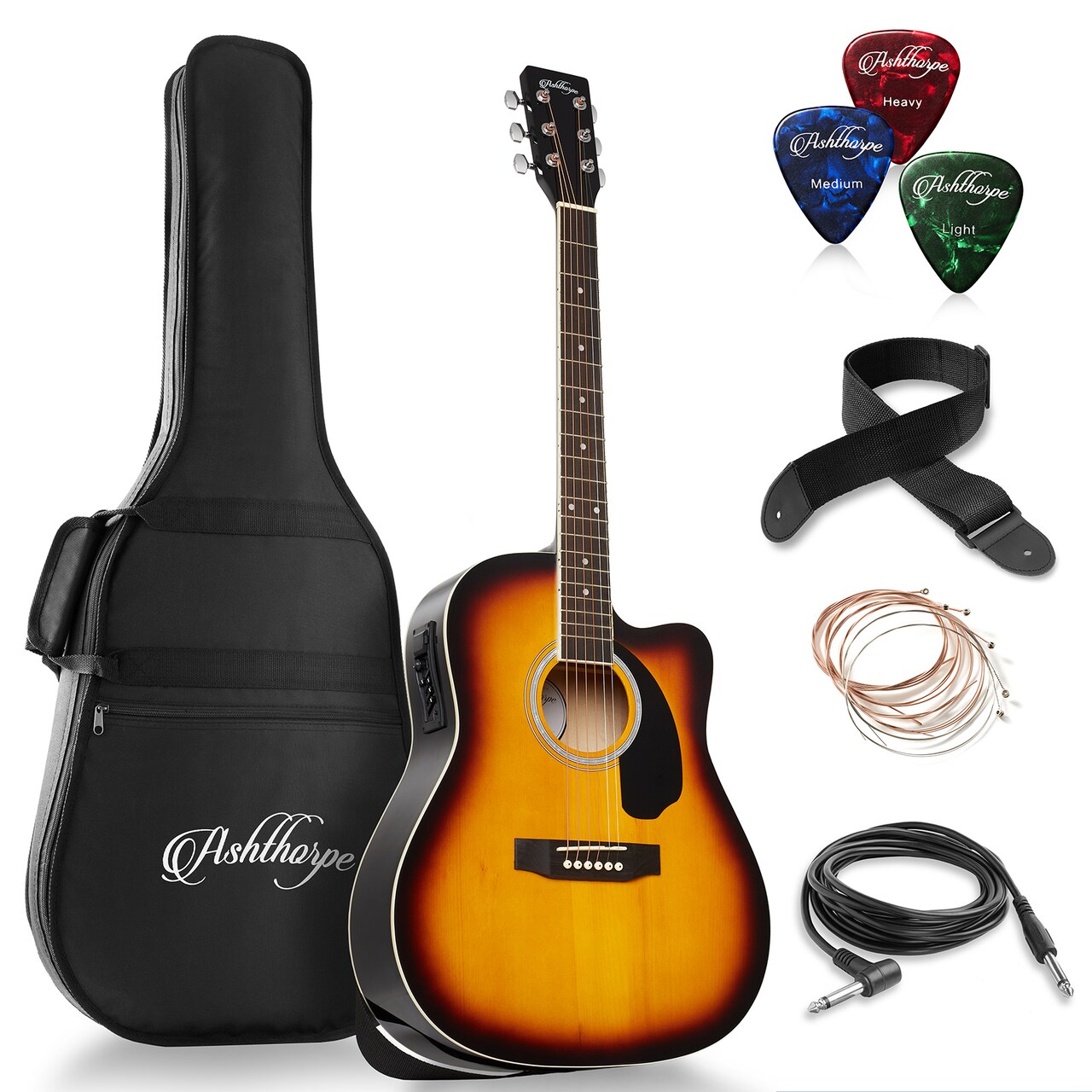 Ashthorpe Full-Size Dreadnought Cutaway Acoustic-Electric Guitar Bundle - Premium Tonewoods